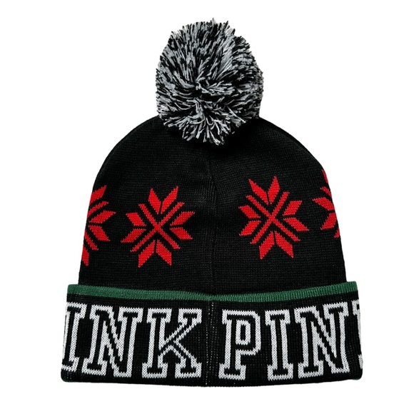 NWOT PINK VS Logo Holiday Pom Beanie Black Women’s OS - Picture 2 of 7